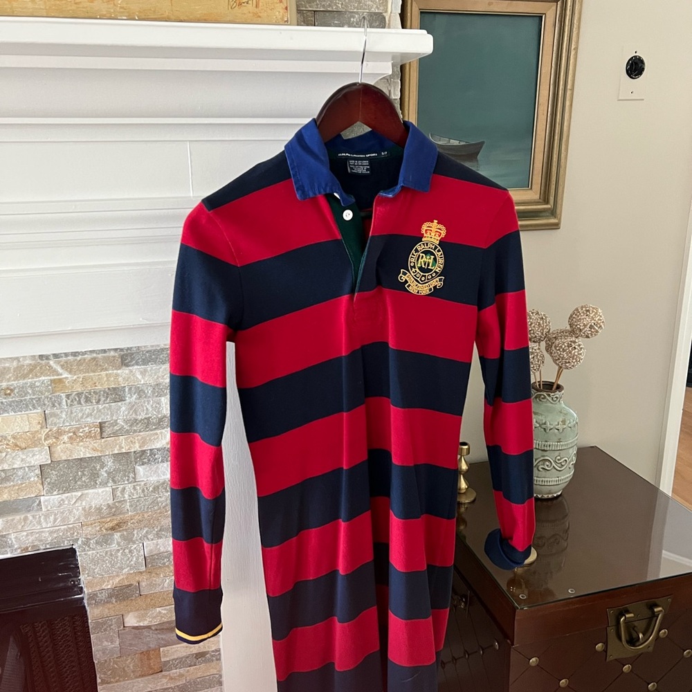 Striped Rugby Shirt Dress with Crest